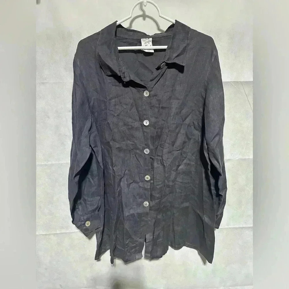 Match Point 100% Linen Women’s S Gray Button Front Long Sleeve Shirt Lagenlook